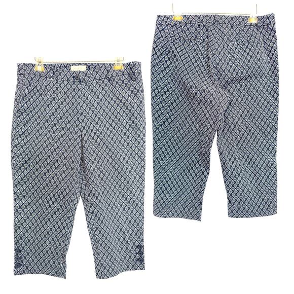 Talbots Crop Skimmer Pants Button Hem Blue Print Women 14 Coastal Preppy Stretch - Picture 2 of 14